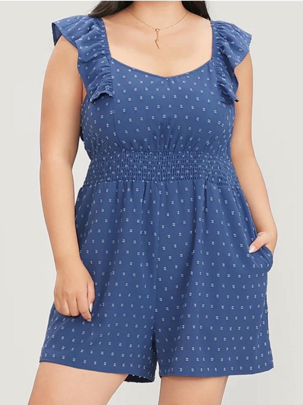 BloomChic Navy Blue Polka Dot Shirred Romper with Ruffle Straps
